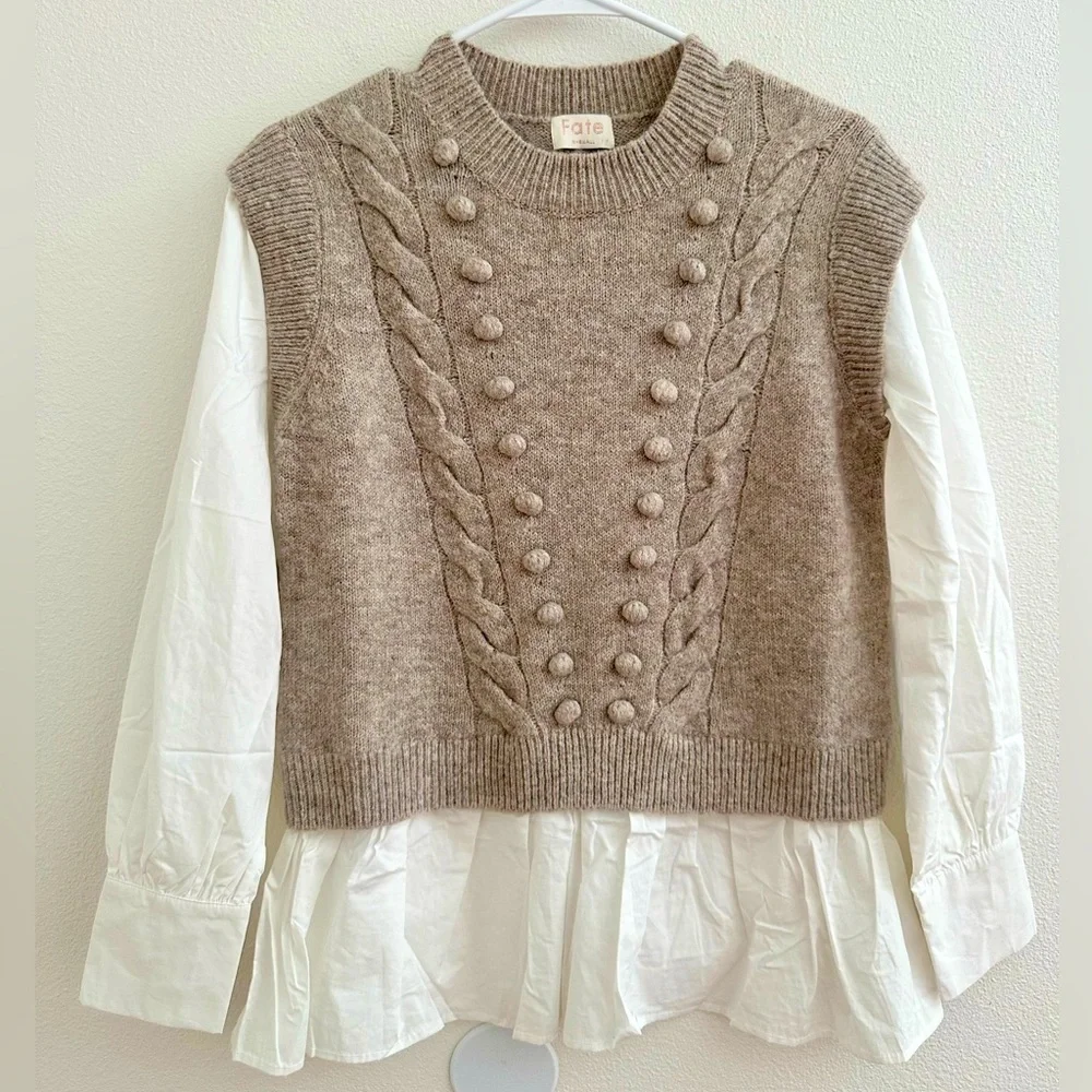 NEW Fate Tan Crew Neck Cable Knit Sweater Vest with Attached white Blouse - Picture 1 of 7